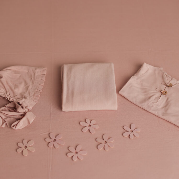 soft pink BACKDROP+ ONESIE + WRAP + BONNET _+ FLOWERS