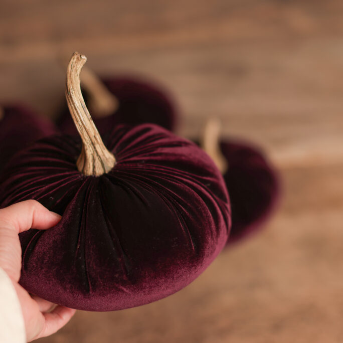 4 large BURGUNDY velvet pumpkins